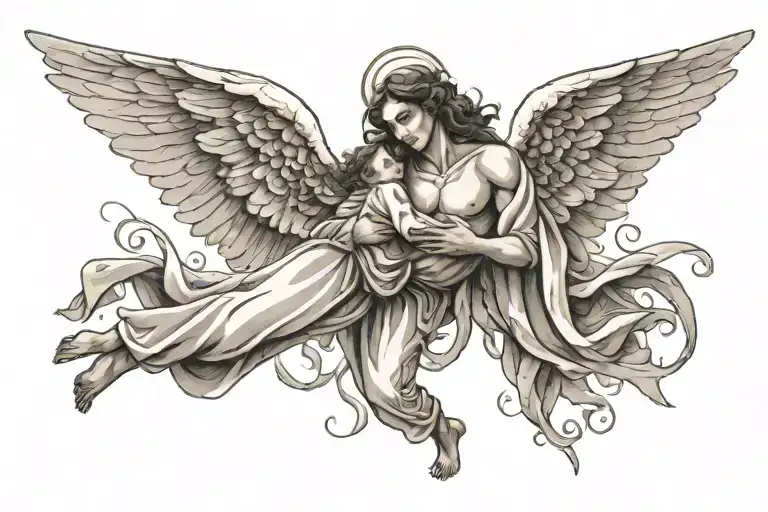 Angel With Wings Spread Wide Holding A Man In His Arms
