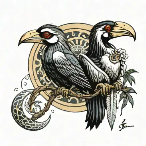 Tribe Hornbill Couple And Manta Ray Floating With Alpha Wolf And Moon