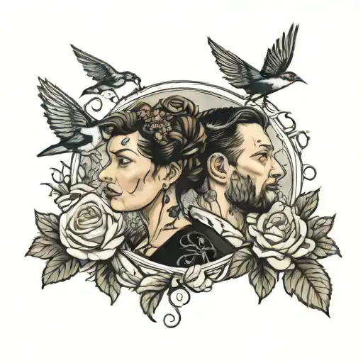 Portrait Of Father And Mother With Roses And Swallows Around