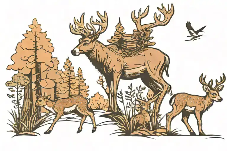 Buck Leading A Fawn Into The Forest Scene