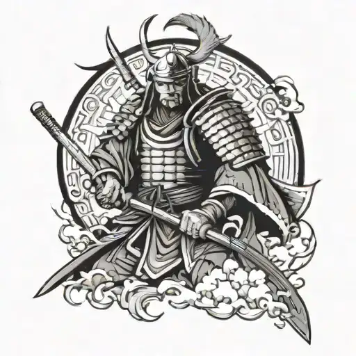 Create A Tattoo Of A Japanese Samurai With A Full-length Sword