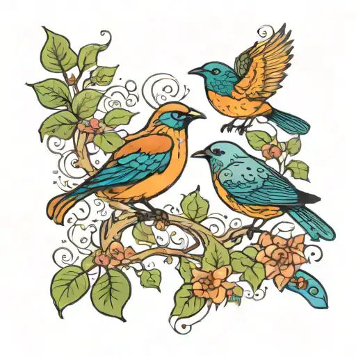 Two Birds Looking At Each Other One With A Vine Underneath That Has Flowers And Leaves On It