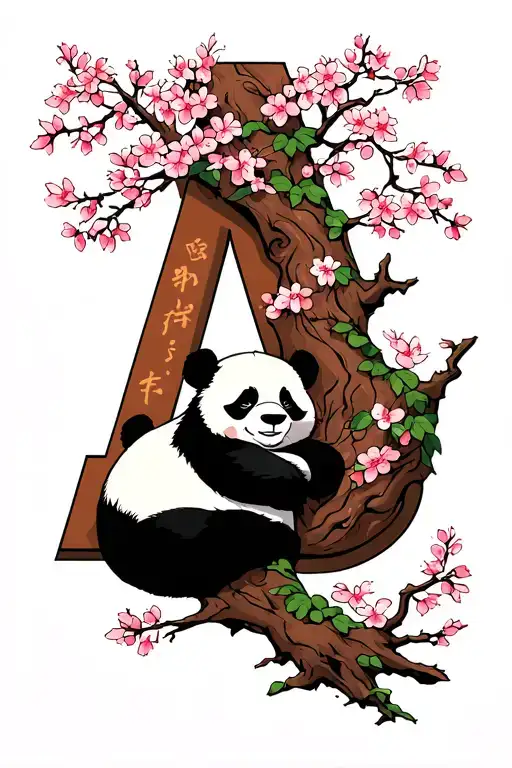 Panda Napping On An 'A' Shaped Cherry Blossom Tree