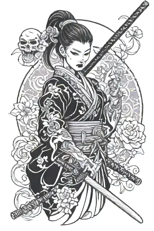 Sumurai Woman Holding A Mask And A Katana