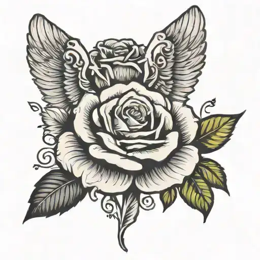 Single Rose With Angel Wings On Each Side With Date Bellow It
