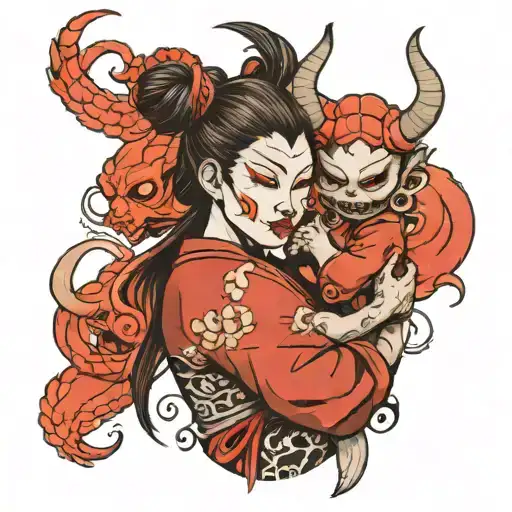 Woman In A Mask Of A Japanese Demon With A Child In Her Arms