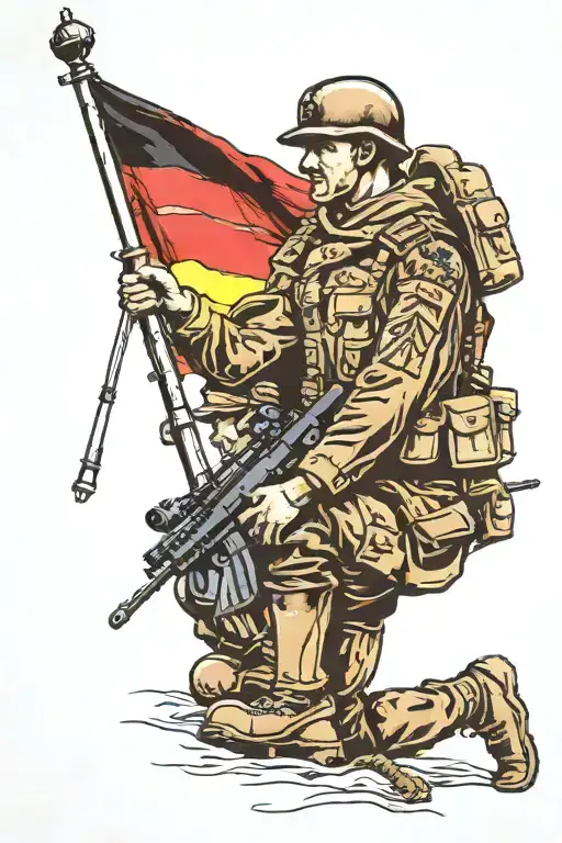 German Flag With Reichsadler And German Soldier Kneeling
