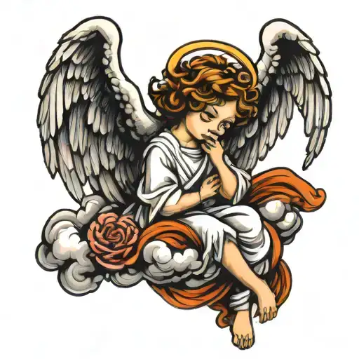 Angel Sitting On Cloud With Horn Tail Wrapped And Tilted Halo