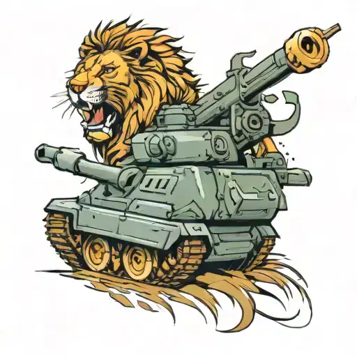 Military Tank With A Lion Driving It Wearing 5 Point Crown On His Head And Ak 47 On His Arms