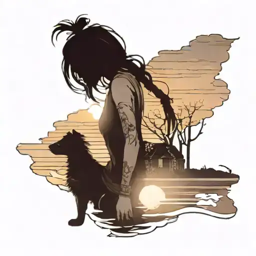 Shadow Of A Girl Standing With Her Small Dog Beside Her Overlooking The Sunset Minimalist