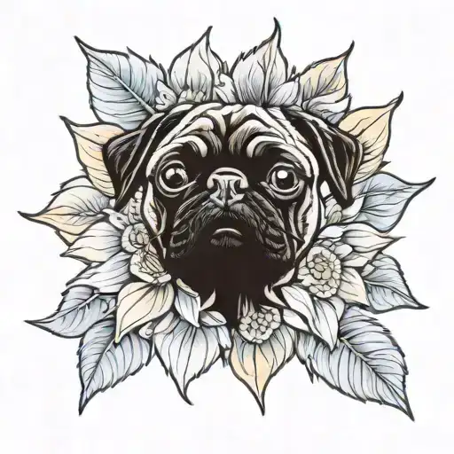 Black Pug Face With Sunflower