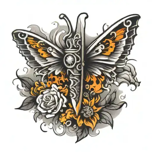 Knife With Butterfly Wings On Fire With Eyes