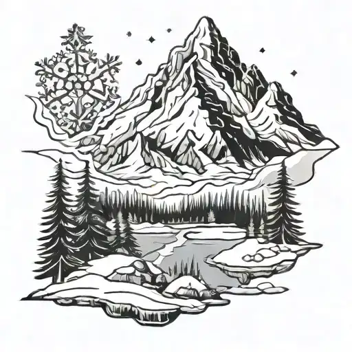 Make Me A Basic Black And White Tattoo Design Of A Snowy Mountain With A Snowflake Sticking Out
