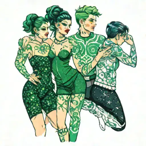 Four People In Dark Green Glitter Outfits