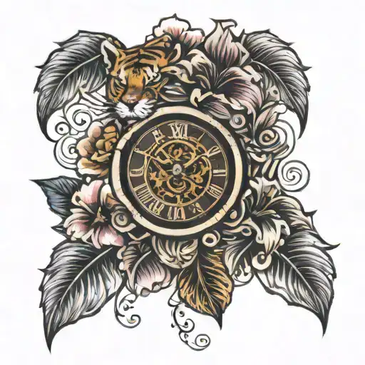 Tigers Eye With A Clock And Hibiscus Flowers