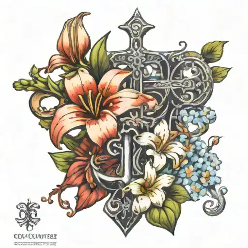 Lilies And Daisies And Hibiscuses With An Ankh Symbol Intertwined