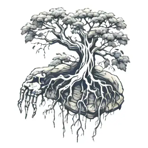 Tree With Skeleton Hand Roots Reaching Deep
