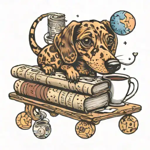 A Whimsical Tattoo Of A Dachshund Exploring A Galaxy Filled With Coffee Beans And Books
