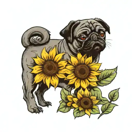 Black Pug With Sunflower Blooming
