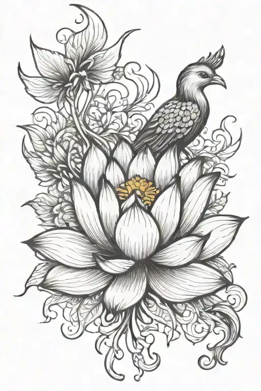 Lotus Flower With Phoenix With A Sketch Style