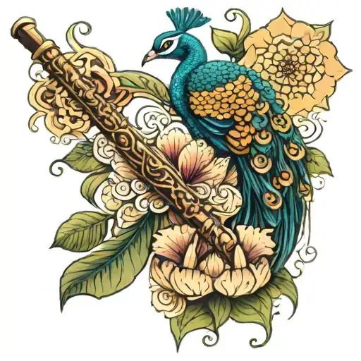 Banboo Flute Surrounded By A Peacock And Lotus Flower