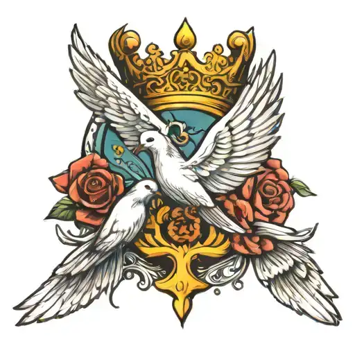 Neck Tattoo Crown With Doves Flying