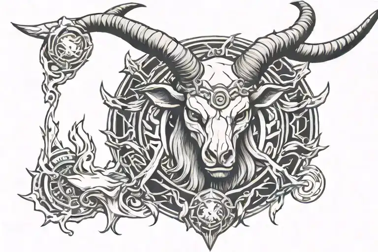 Horns Holding Up Halo With Fire Beneath Mountains It Cointain