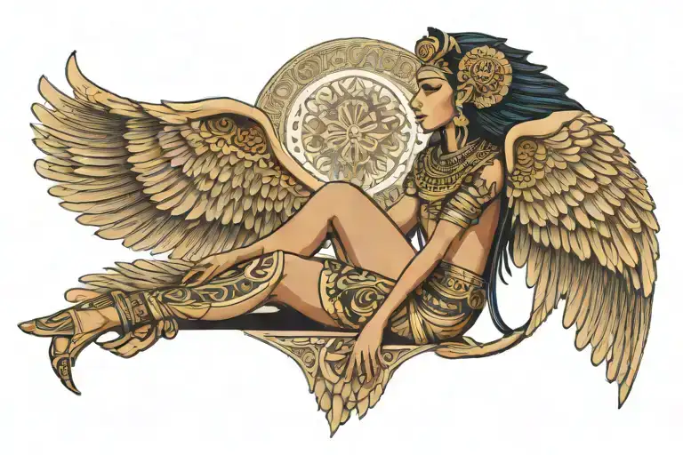 Egyptian Goddess Sitting With Wings And Mandala Design Incorporating