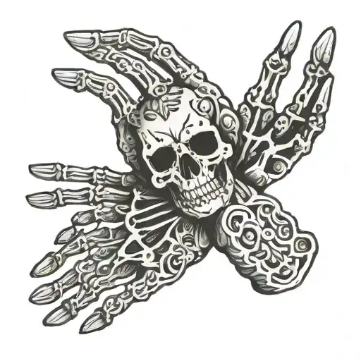 Hand Tattoo With 07 In The Middle And Two Skeleton Hands On Fingers