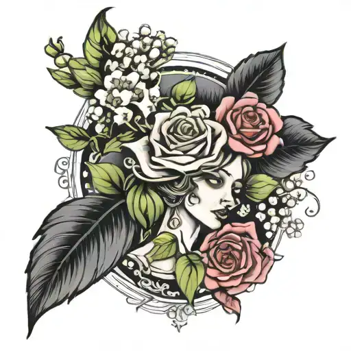 The Name Psyche And Eros With Roses And Lily Of The Valley Flowers Tattoo Design