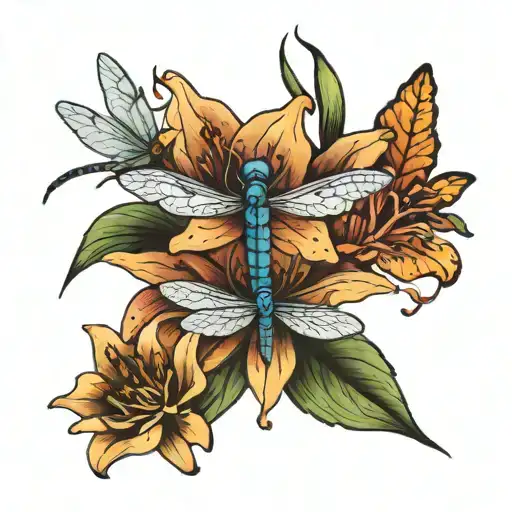 Triplet Lily Flowers And A Dragonfly