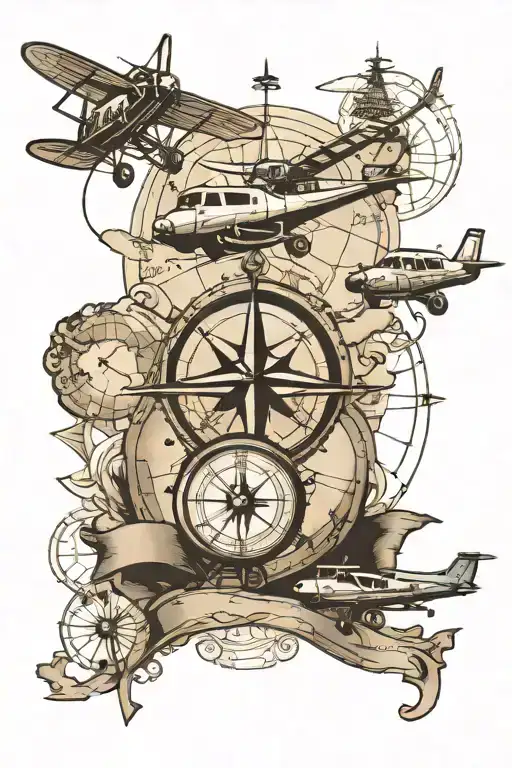Aviation Themed Tattoo With Map And Compass And Airplane And Helicopter