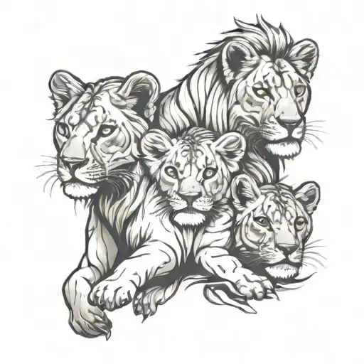 Lion Lioness Two Cubs