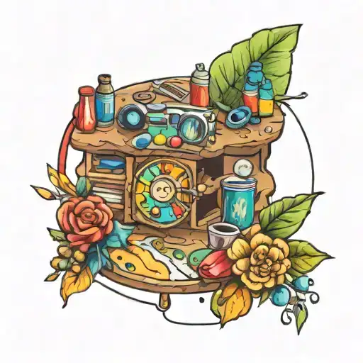 A Colorful Neotraditional Tattoo Of A Paint Palette With Camping Elements Intertwined