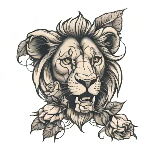 Lion Face Biting A Draped Rose Intertwined
