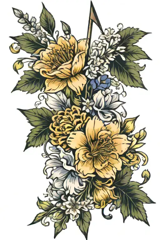 Arrow With Larkspur And Chrysanthemum Wrapped Loosely