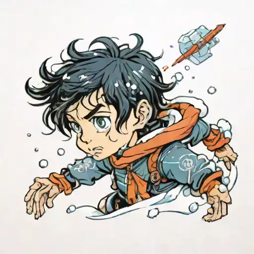 Boy With Black Hair And Dark Blue Eyes Walking Through Ice And Snow