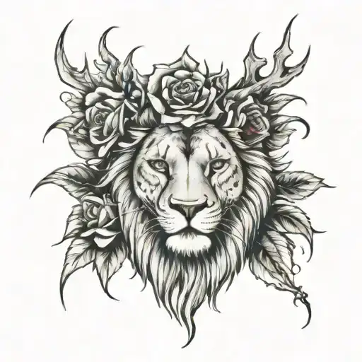 Lions Face Holding A Rose With Thorn Crown