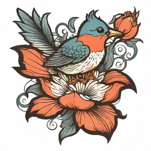 Lotus Flower And Robin Bird