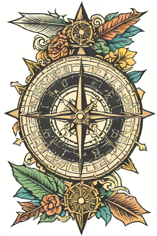 Arrow And Compass Tattoo In Color On A White Background