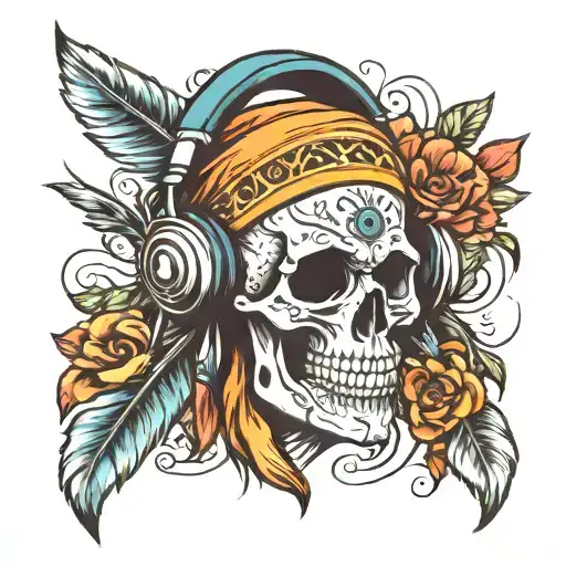 Indian Skull Wearing Headphones
