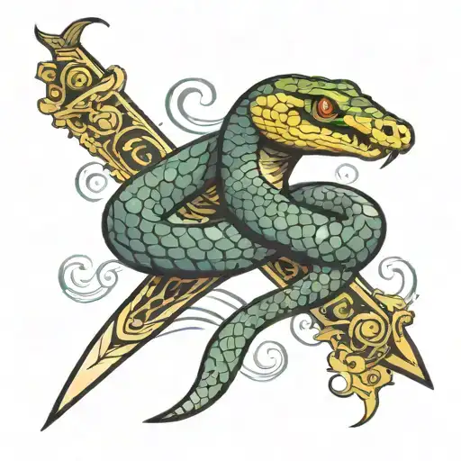 Snake With Golden Bar In Mounth And Daggers Stabbed In Back