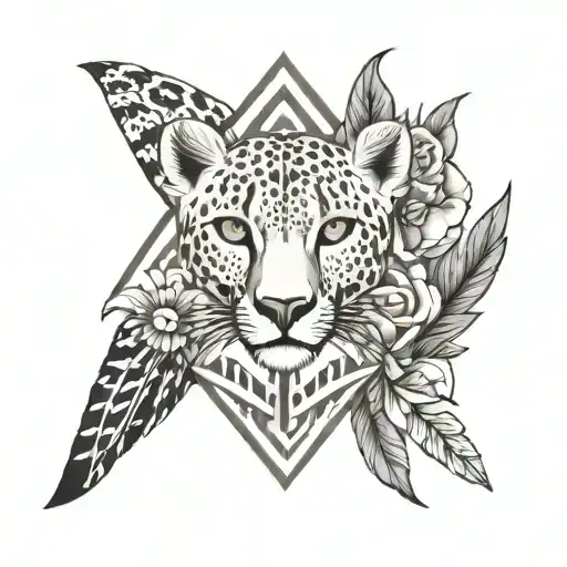 Flowers And Ankh Symbol And Cheetah Head Surrounded