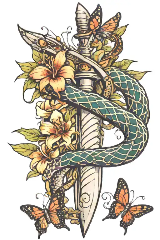 Snake Wrapped Around Dagger Surrounded By Butterflies And Lillies