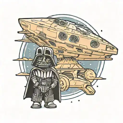 Darth Vader With A Cute Baby And His Super Star Destroyer Background