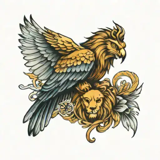 Lion And Eagle In Style On Arm With Owl