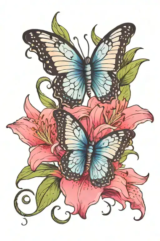 Blue Butteryfly With Pink Lily Flower