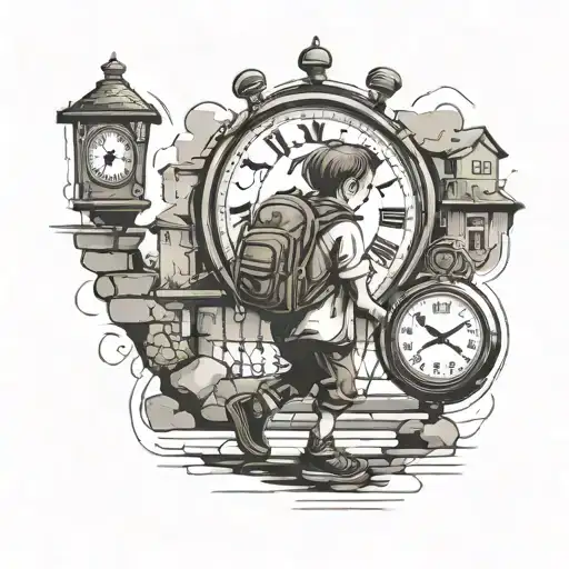 Child Going On Street Alone With Bag And Time Clock