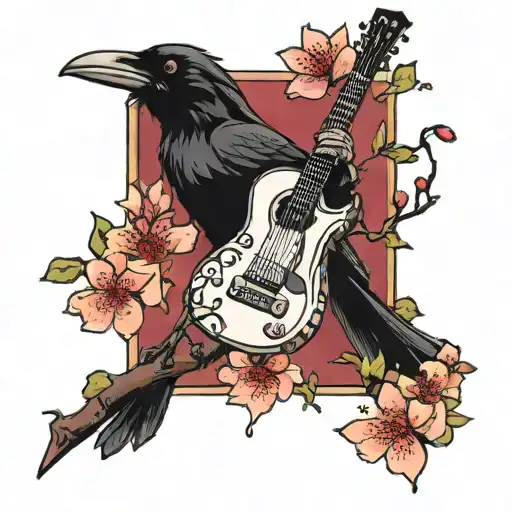 A Crow Playing A Guitar In A Cherry Blossom Tree