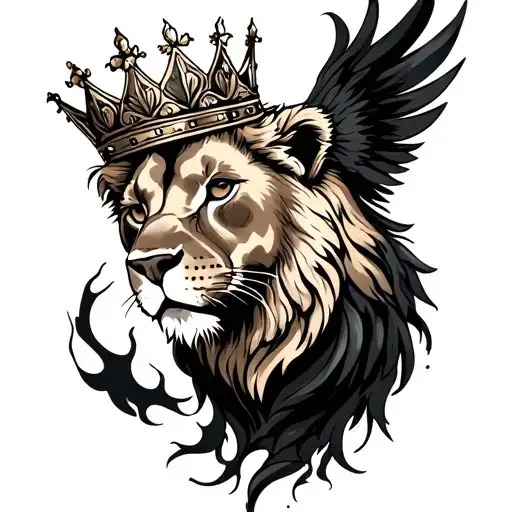 Lioness Wearing A Crown Half Phoenix Rising From The Ashes